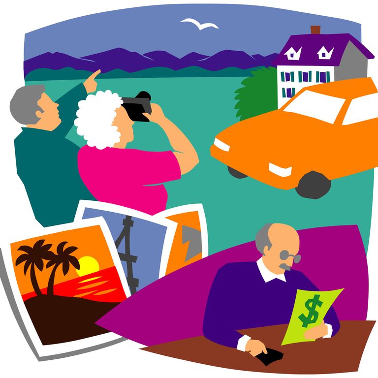 Collage of older adults looking that the sky with binoculars, looking at finances, pictures from holidays
