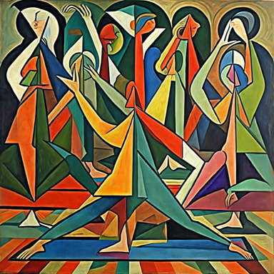 Picasso inspired abstract picture of people doing yoga
