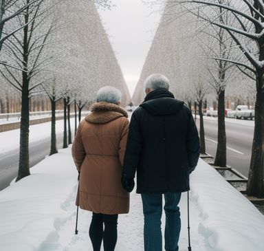 Older couple walking outside in the snow